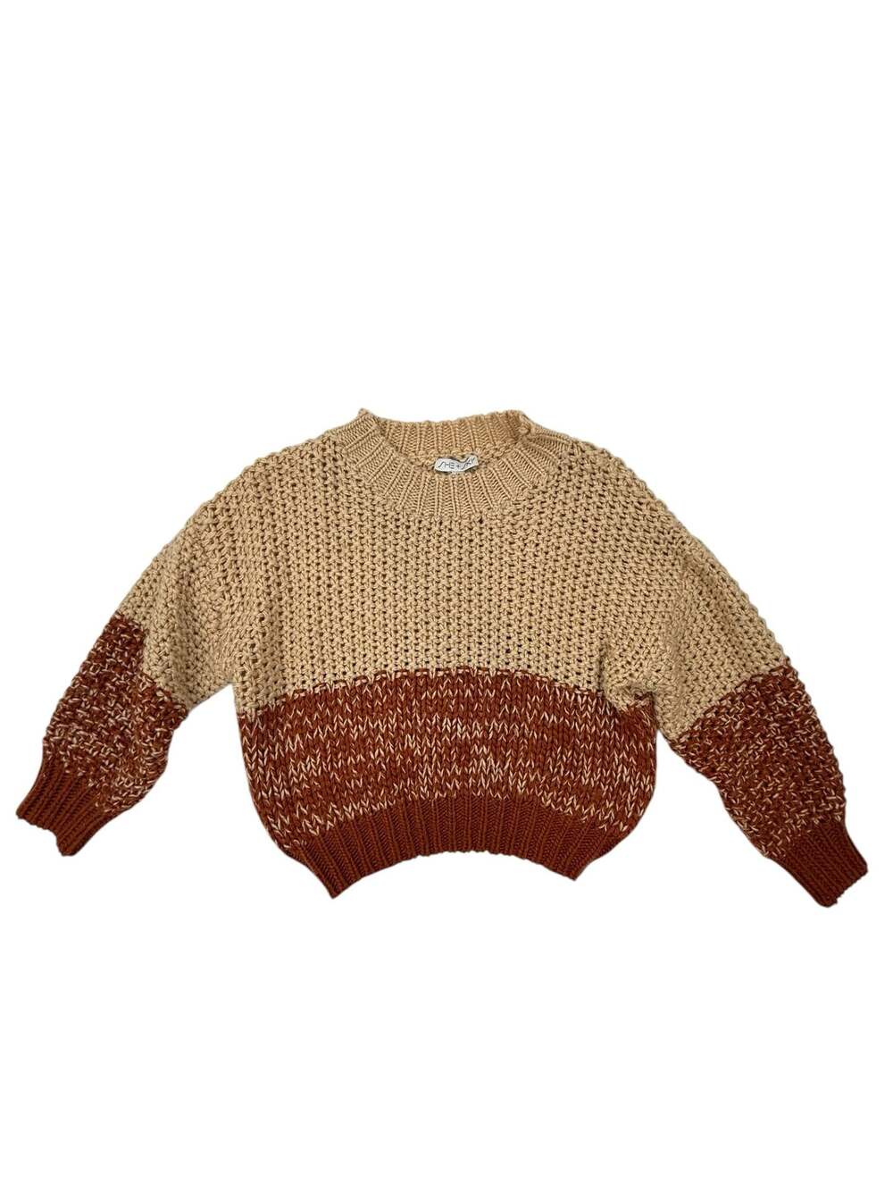 SHE+SKY Two-Tone Colorblock Chunky Knit Sweater in Beige and Rust M